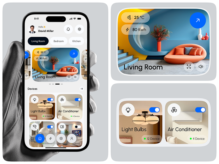 Modern smart home dashboard app interface showcasing room controls, environmental data, and device management features