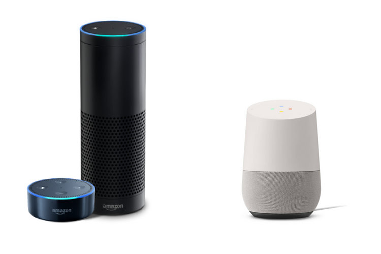 Amazon Echo and Google Home smart speakers showcase popular AI voice assistants used in smart homes for automation and control