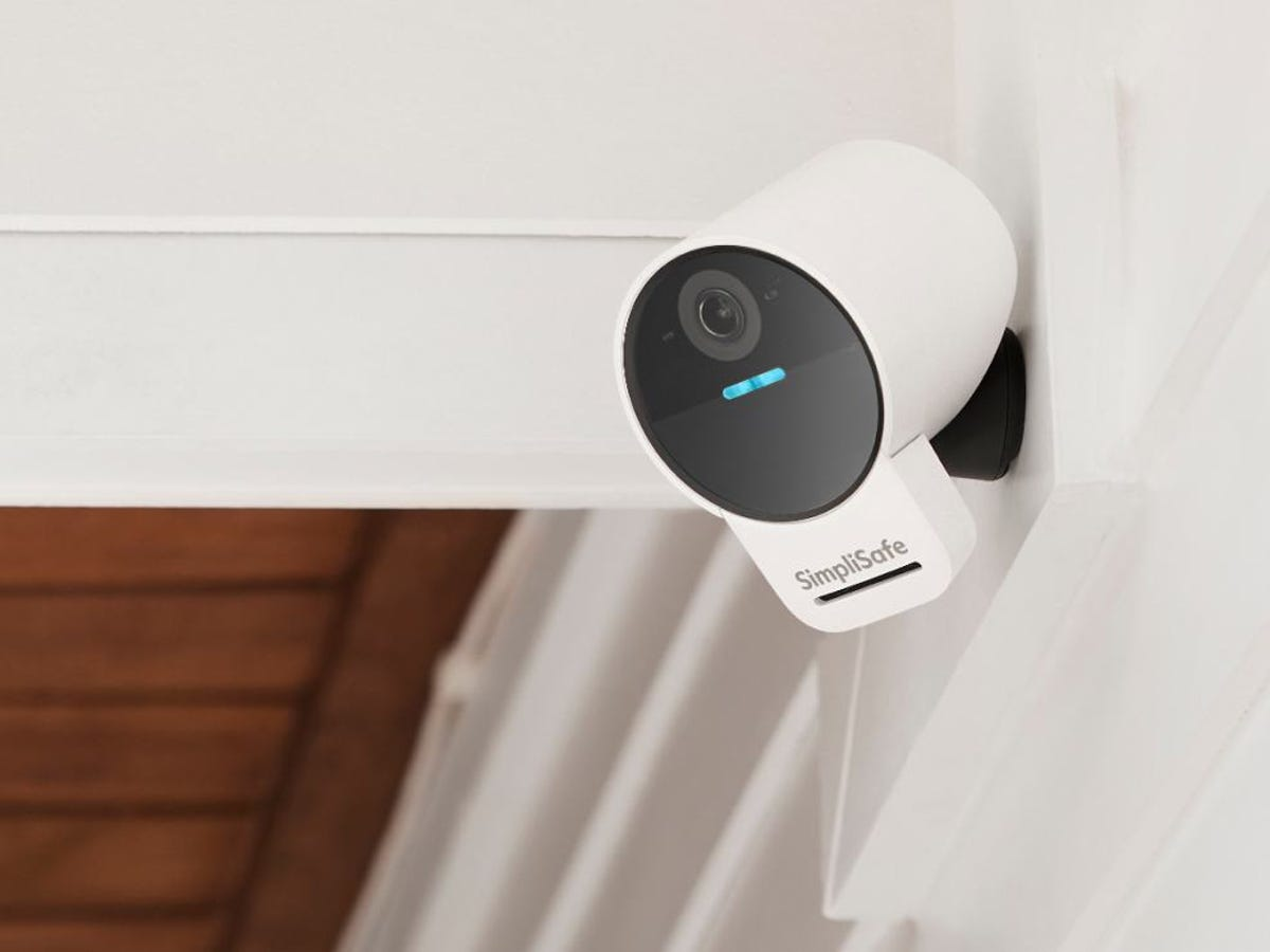SimpliSafe smart home security camera installed indoors, illustrating AI-powered home surveillance technology