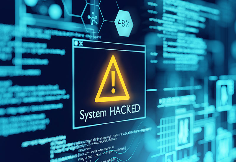 System hacked warning on a digital interface illustrating cybersecurity risks in banking
